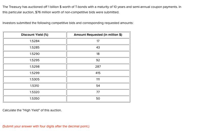 The Treasury has auctioned off 1 billion $ worth of T-bonds with a maturity of 10 years and semi-annual coupon payments. In