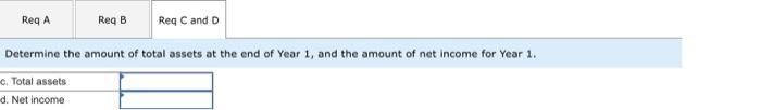 Determine the amount of total assets at the end of Year 1 , and the amount of net income for Year 1 .