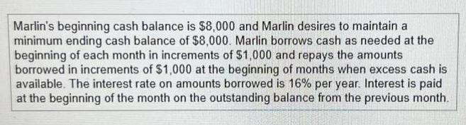 Marlin's beginning cash balance is $8,000 and Marlin desires to maintain a minimum ending cash balance of