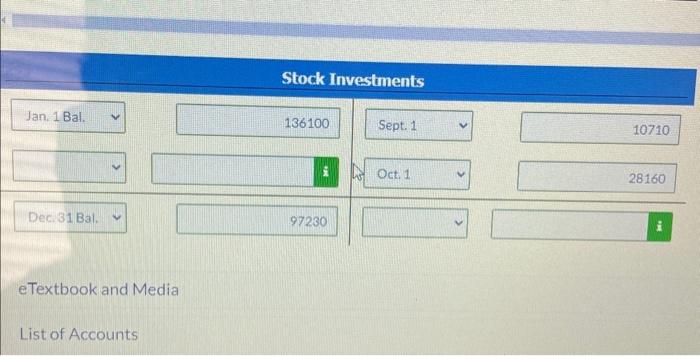 Jan. 1 Bal.. Dec. 31 Bal. V eTextbook and Media. List of Accounts Stock Investments 136100 97230 Sept. 1 Oct.