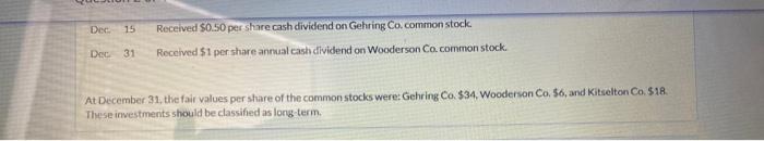 Dec. 15 Dec. 31 Received $0.50 per share cash dividend on Gehring Co. common stock. Received $1 per share