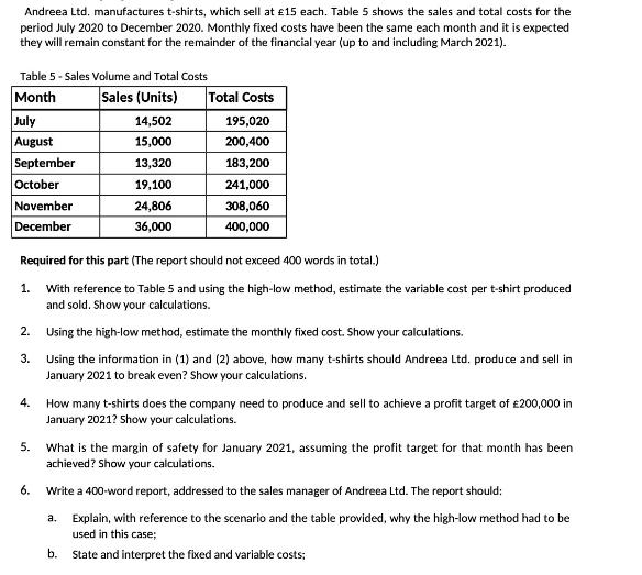 Andreea Ltd. manufactures t-shirts, which sell at 15 each. Table 5 shows the sales and total costs for the