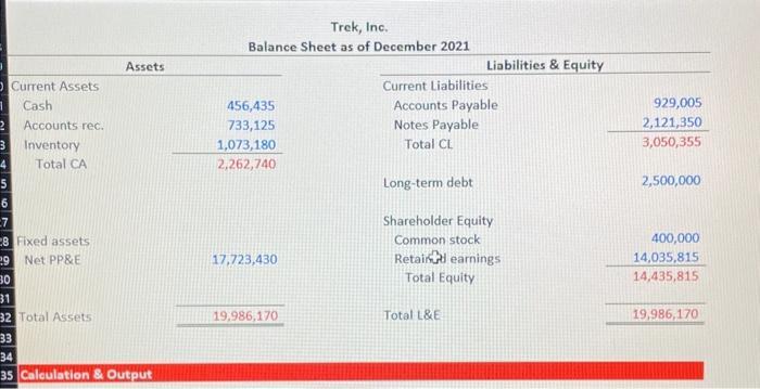 Trek, Inc. Balance Sheet as of December 2021 Calculation 8 Output