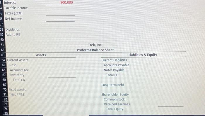 3 Interest 4 Taxable income Taxes (21%) Net income Dividends Add to RE Trek, Inc. Proforma Balance Sheet begin{tabular}{l}