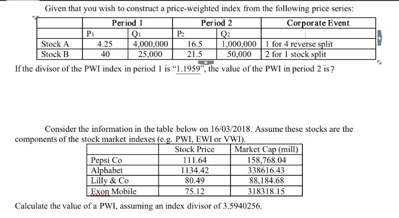 Given that you wish to construct a price-weighted index from the following price series: Period 1 Period 2