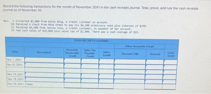 Record the following transactions for the month of November 20X1 in the cash receipts journal. Total, prove,