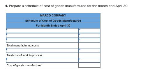 4. Prepare a schedule of cost of goods manufactured for the month end April 30.