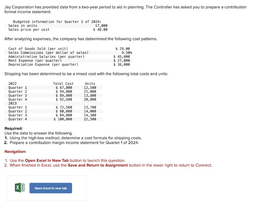 Jay Corporation has provided data from a two-year period to aid in planning. The Controller has asked you to