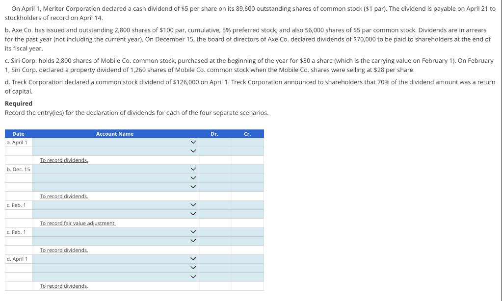 On April 1, Meriter Corporation declared a cash dividend of $5 per share on its 89,600 outstanding shares of