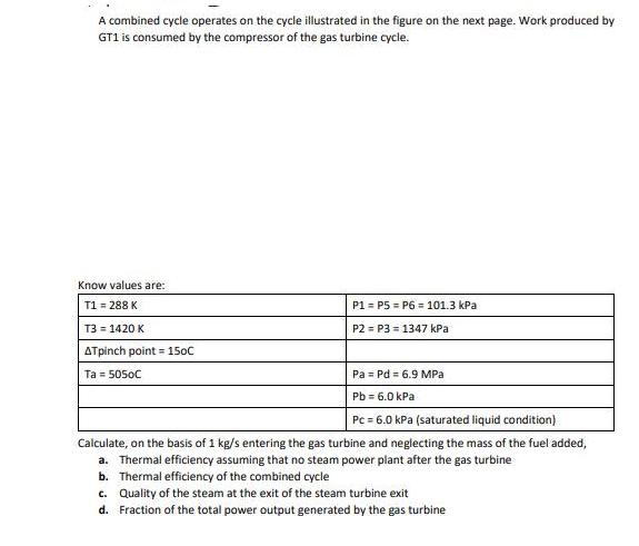 A combined cycle operates on the cycle illustrated in the figure on the next page. Work produced by GT1 is