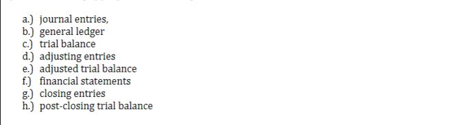a.) journal entries, b.) general ledger c.) trial balance d.) adjusting entries e.) adjusted trial balance