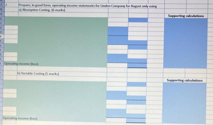 2. Prepare, in good form, operating income statements for Linden Company for August only using a) Absorption Costing. ( 6 mar