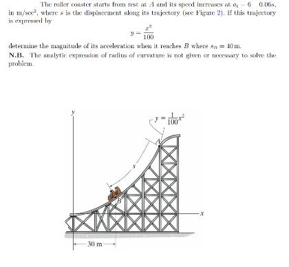 The roller coaster starts from rest at A and its speed increases at 0-6 0.06s, in m/sce, where is the