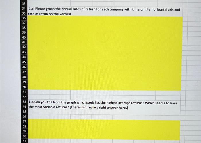 33 34 1.b. Please graph the annual rates of return for each company with time on the horizontal axis and 35