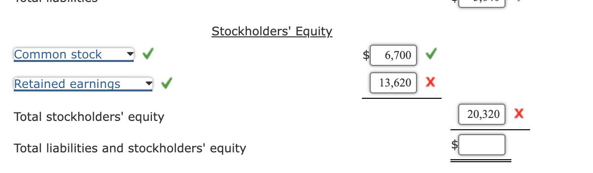Stockholders Equity. Common stock ( vee vee ) ( begin{array}{r}$ 6,700  13,620  hlineend{array} ) Total stockh