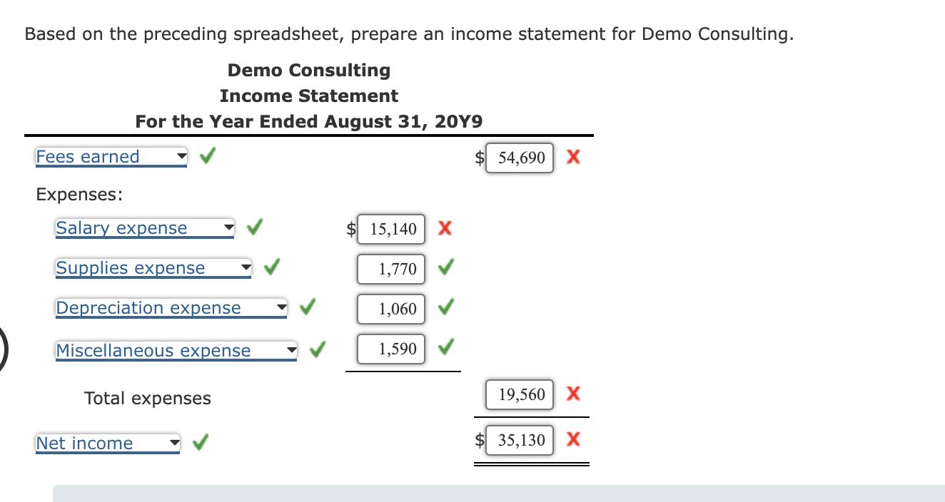 Based on the preceding spreadsheet, prepare an income statement for Demo Consulting.