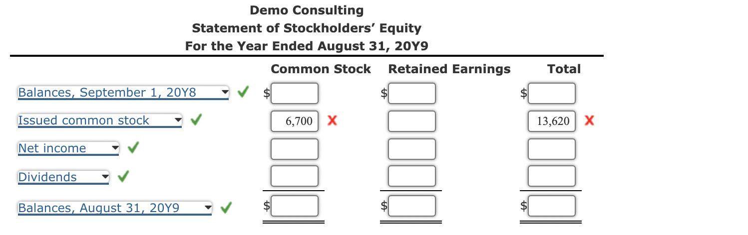Demo Consulting Statement of Stockholders Equity For the Year Ended August 31, 20 Y9