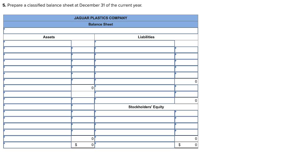 5. Prepare a classified balance sheet at December 31 of the current year.