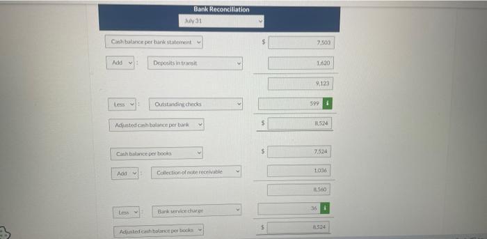 Bank Reconciliation ily 31 Catibatance per bank stateinent Add Cashbatarce per books: