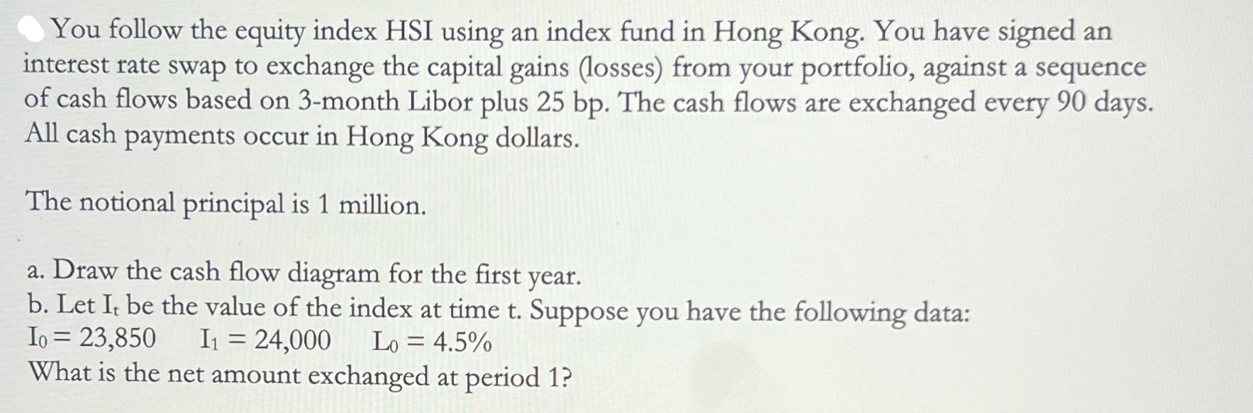 You follow the equity index HSI using an index fund in Hong Kong. You have signed an interest rate swap to