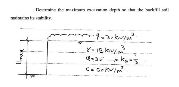 Determine the maximum excavation depth so that the backfill soil maintains its stability. #max *******