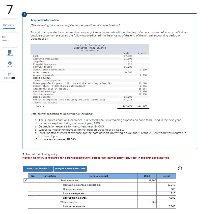 7 Part 3 of 3 18 points eBook Print References Required Information [The following information applies to the