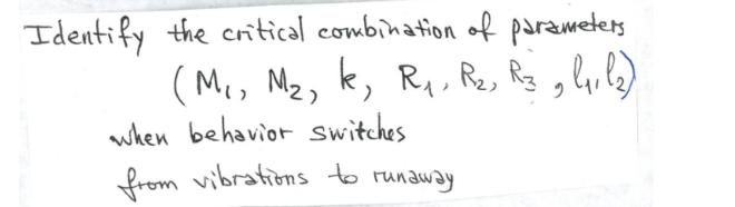 Identify the critical combination of parameters (M, M, k, R, R, Rz, l1 () when behavior switches from