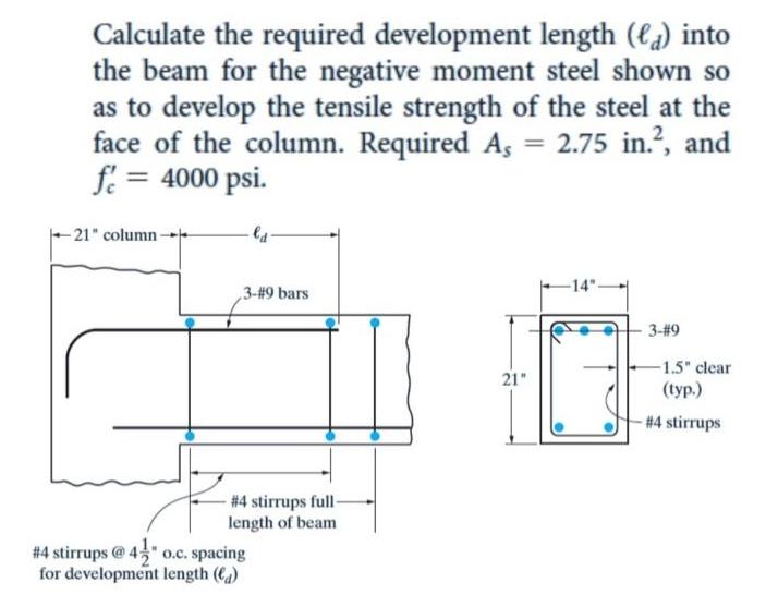 Calculate the required development length (a) into the beam for the negative moment steel shown so as to