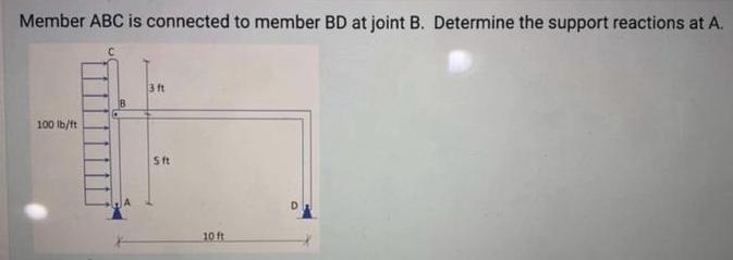 Member ABC is connected to member BD at joint B. Determine the support reactions at A. 100 lb/ft 3 ft 5ft 10