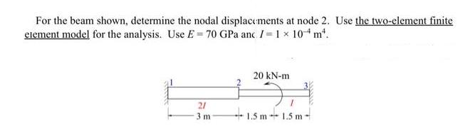 For the beam shown, determine the nodal displacements at node 2. Use the two-element finite element model for