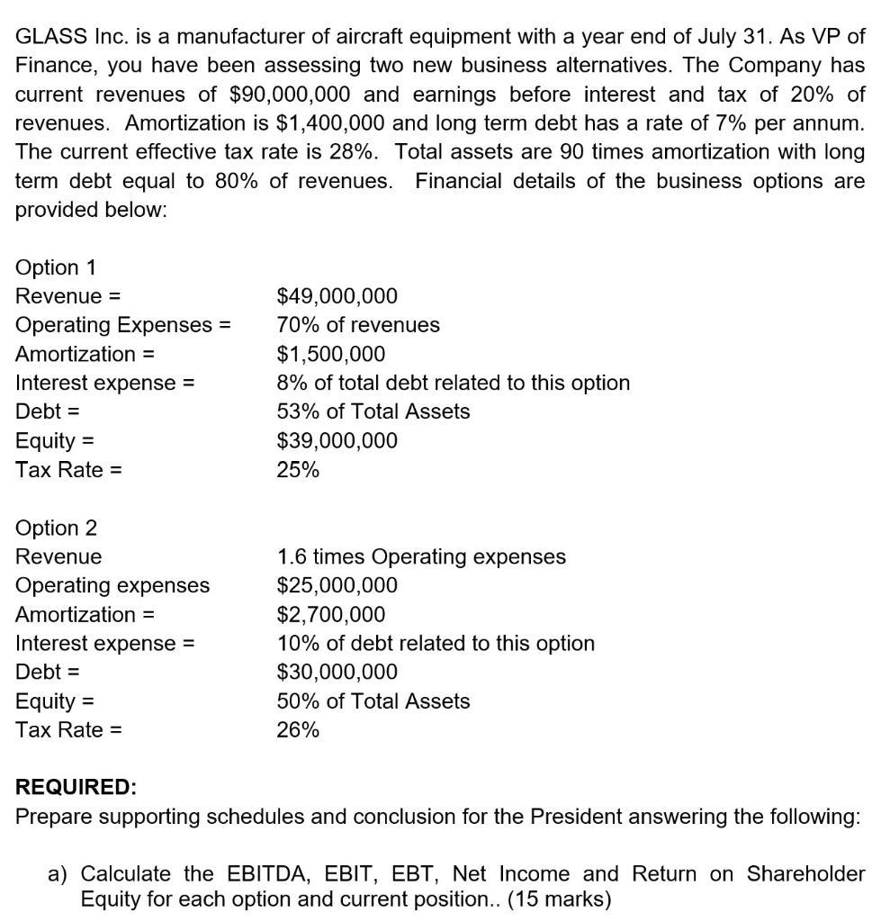 GLASS Inc. is a manufacturer of aircraft equipment with a year end of July 31. As VP of Finance, you have