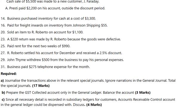 Cash sale of $5,500 was made to a new customer, J. Faraday. A. Presti paid $2,200 on his account, outside the