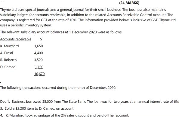 (24 MARKS) Thyme Ltd uses special journals and a general journal for their small business. The business also