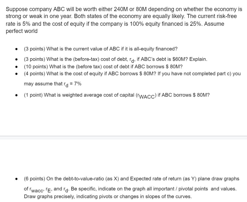 Suppose company ABC will be worth either 240M or 80M depending on whether the economy is strong or weak in