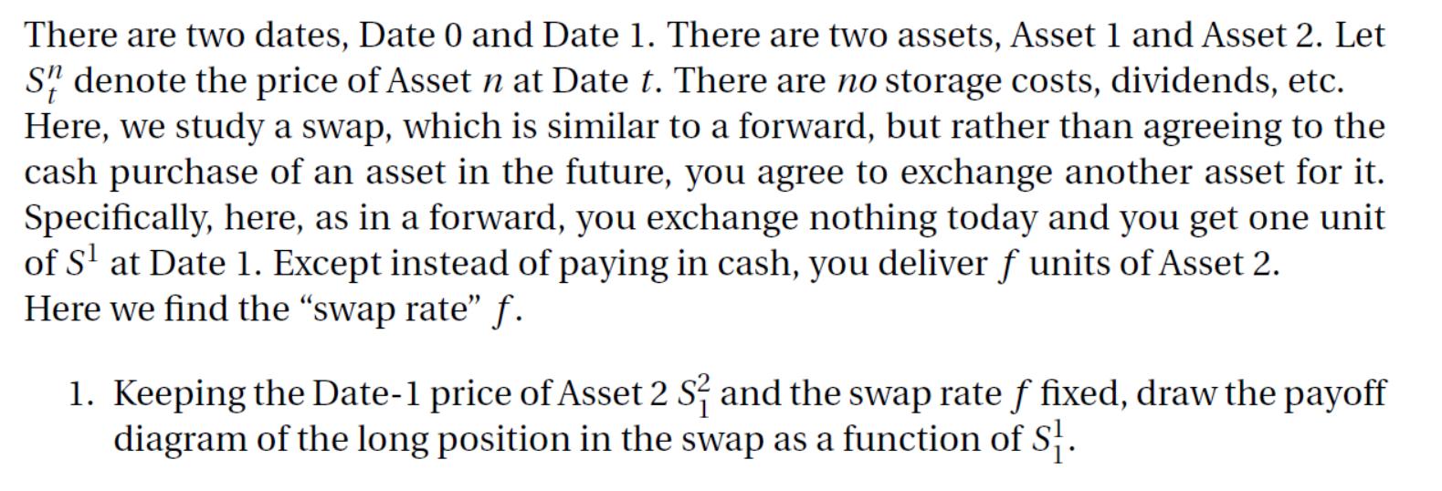 There are two dates, Date 0 and Date 1. There are two assets, Asset 1 and Asset 2. Let S denote the price of