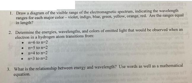 1. Draw a diagram of the visible range of the electromagnetic spectrum, indicating the wavelength ranges for