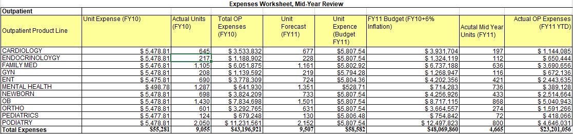 Expenses Worksheet, Mid-Year Review Outpatient Unit Expense (FY10) Actual Units (FY10) Total OP Expenses (FY10) Unit Forecast