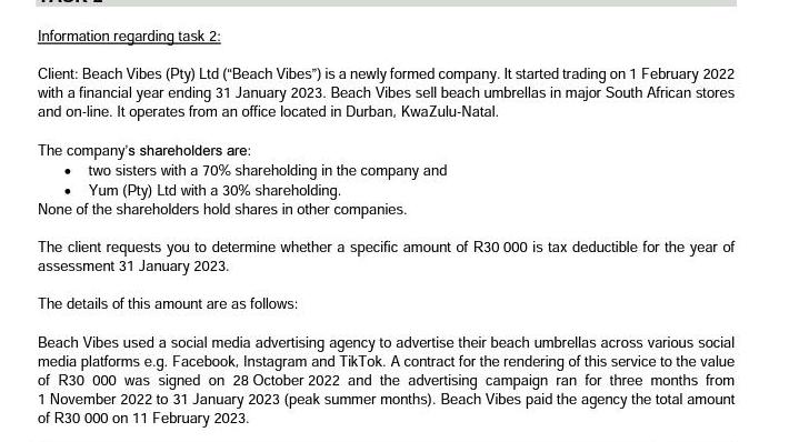 Information regarding task 2: Client: Beach Vibes (Pty) Ltd (
