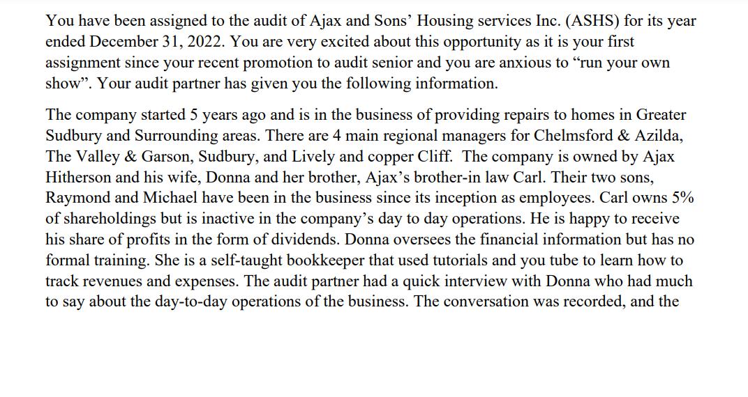 You have been assigned to the audit of Ajax and Sons Housing services Inc. (ASHS) for its year ended December 31, 2022. You