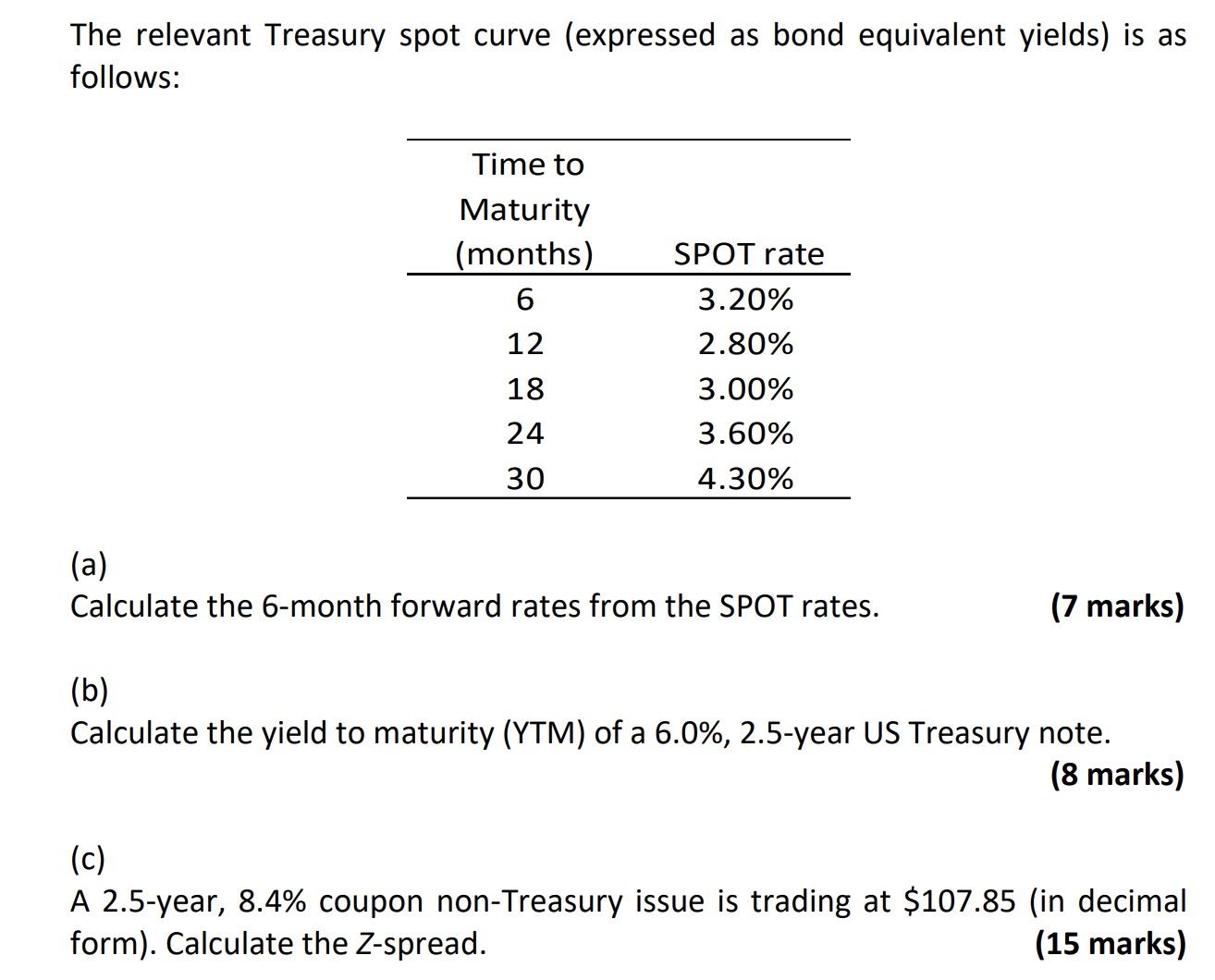 The relevant Treasury spot curve (expressed as bond equivalent yields) is as follows: Time to Maturity