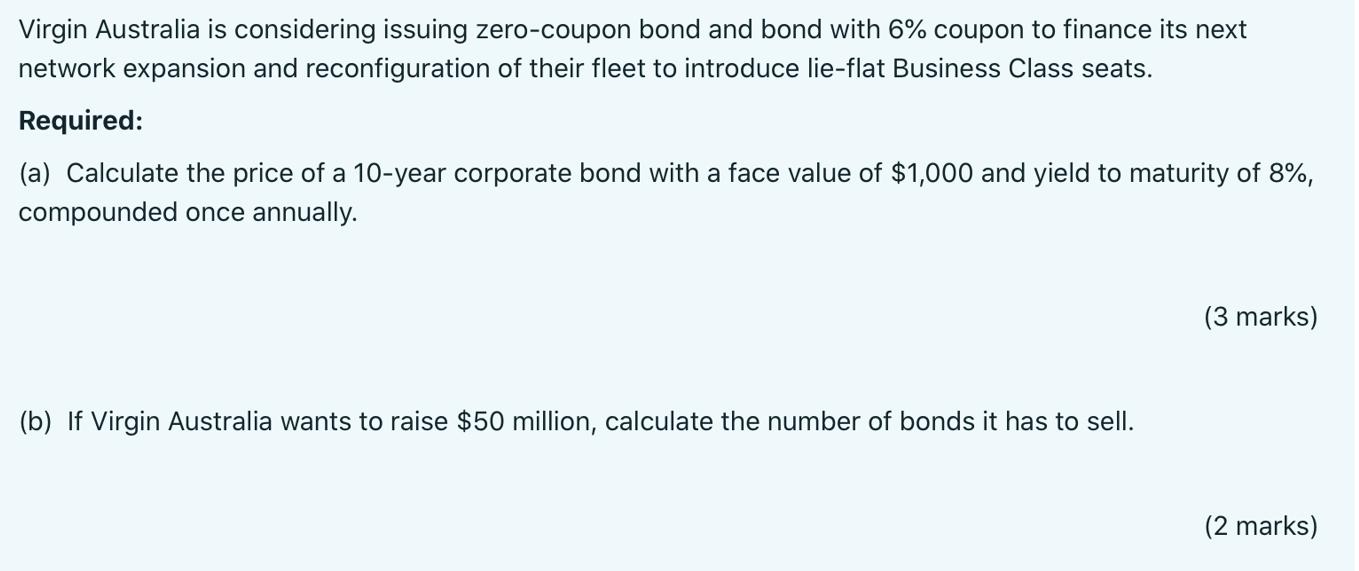 Virgin Australia is considering issuing zero-coupon bond and bond with 6% coupon to finance its next network