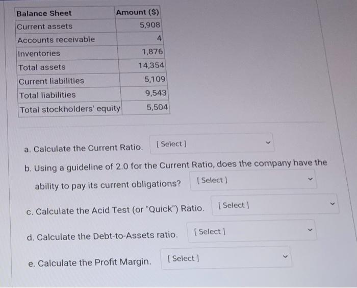 a. Calculate the Current Ratio. b. Using a guideline of 2.0 for the Current Ratio, does the company have the ability to pay i