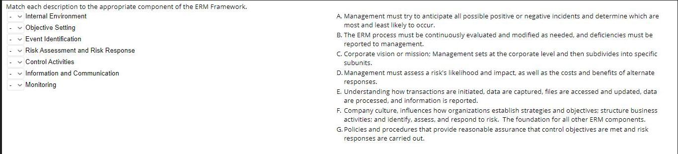 Match each description to the appropriate component of the ERM Framework. Internal Environment  Objective
