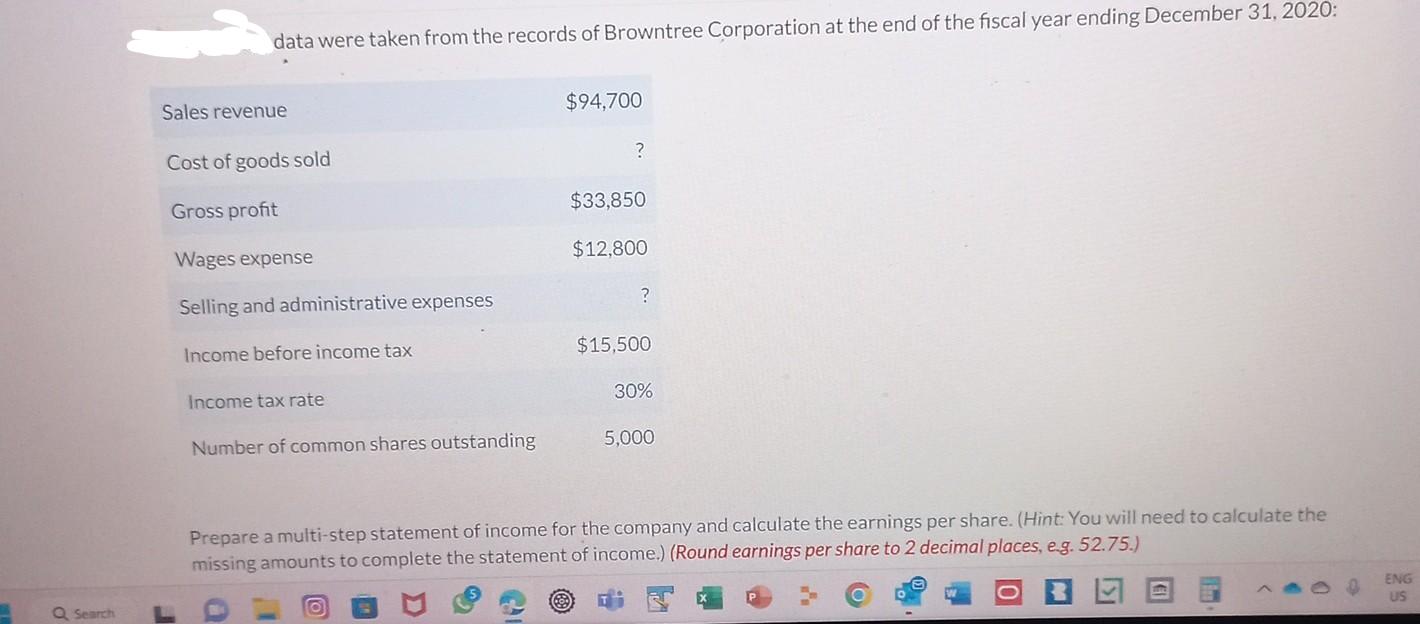 Q Search data were taken from the records of Browntree Corporation at the end of the fiscal year ending
