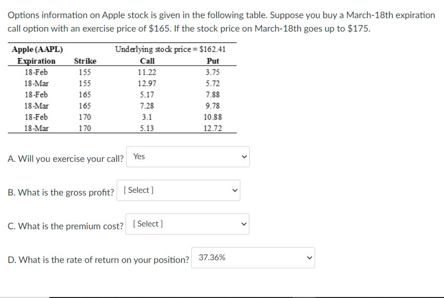 Options information on Apple stock is given in the following table. Suppose you buy a March-18th expiration