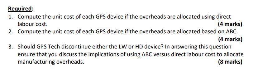Required: 1. Compute the unit cost of each GPS device if the overheads are allocated using direct labour cost. \( \quad \) (4