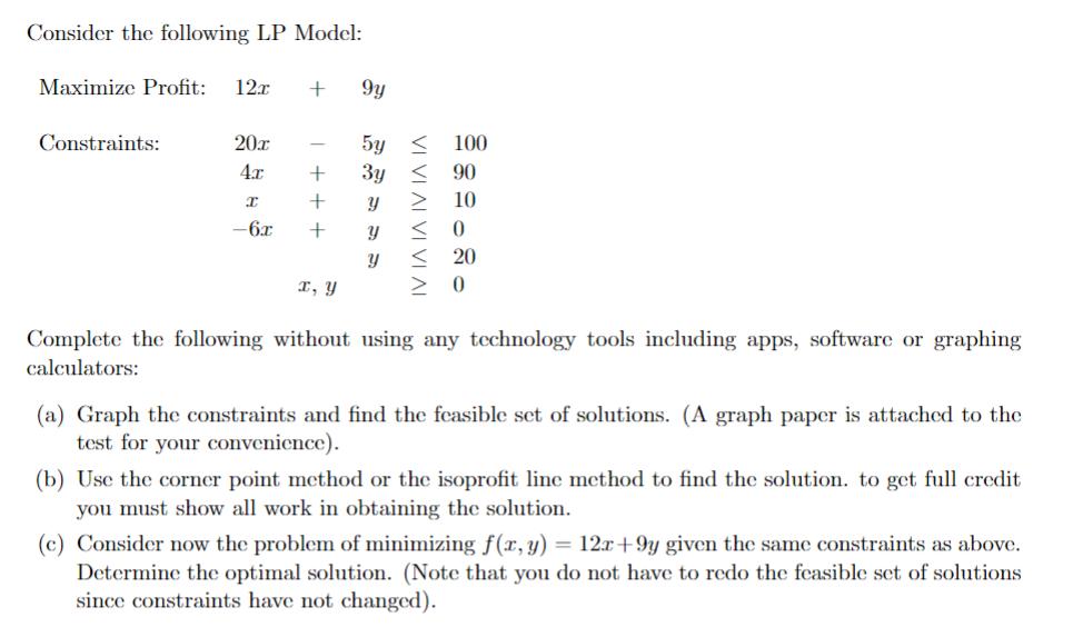 Consider the following LP Model: Maximize Profit: 12x Constraints: 20x 4x I -6x + + + + 1 I, Y gy 5y 100 90