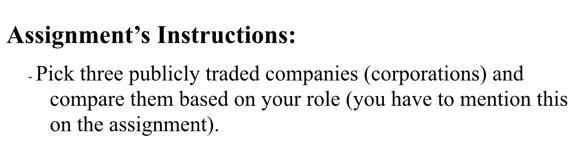 Assignments Instructions: . Pick three publicly traded companies (corporations) and compare them based on your role (you hav