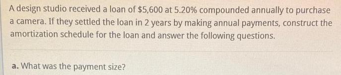 A design studio received a loan of $5,600 at 5.20% compounded annually to purchase a camera. If they settled