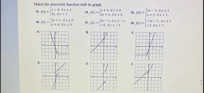 Match the piecewise function with its graph. 13. /(x)= x-4, ifxs 1 3x, if x > 1 14. f(x)= 16. f(x)= A D 2x+3,